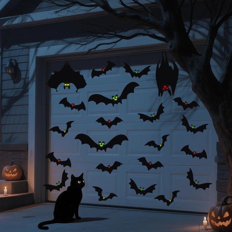 YUJUN 24PCS Halloween Garage Door Decorations Black Bats Glow in The Dark Eyes Magnets Garage Door Luminous Magnetic Stickers for Halloween Refrigerator Garage Indoor Outdoor Car Decorations - Image 1